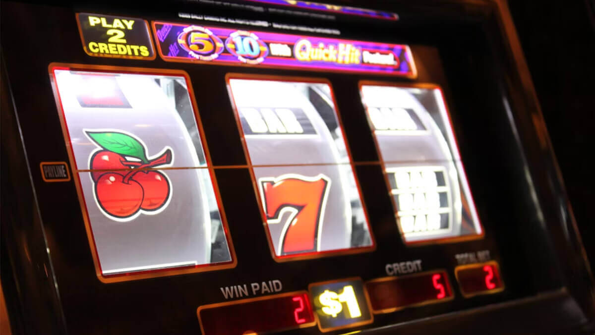 A classic slot machine with a fruit theme
